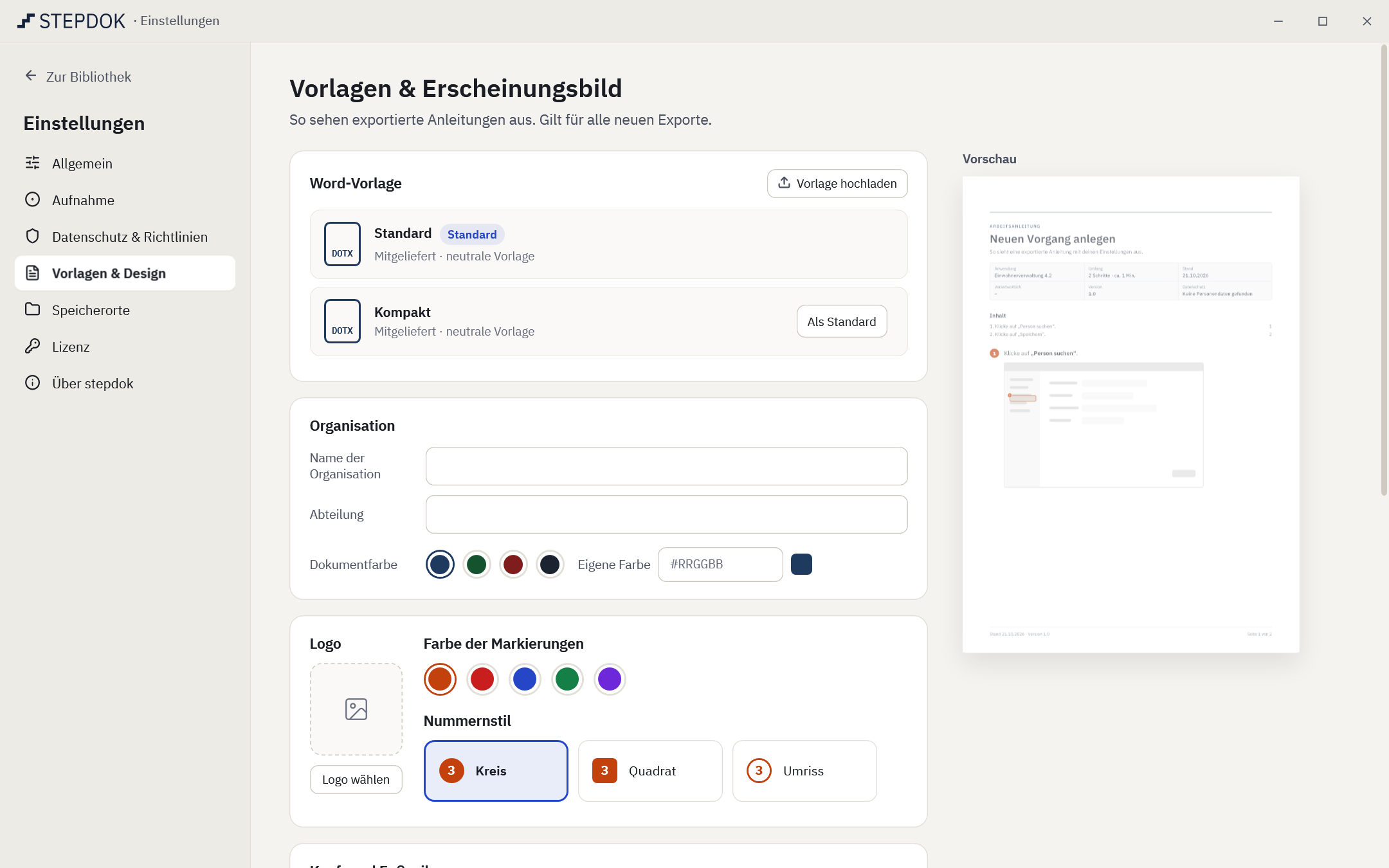 Einstellungen „Vorlagen & Erscheinungsbild“: Word-Vorlage, Organisation, Dokumentfarbe, Logo, Markierungsfarbe, Kopf- und Fußzeile, Kennzeichnung und eine Live-Vorschau der Dokumentseite.